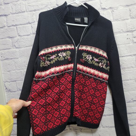 Vintage Erika Black Embroidered Full Zip Sweater Size L Boho Floral Collar Ramie - Picture 4 of 8